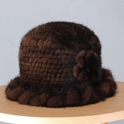 Women's Winter Casual Natural Mink Fur Floral Knitted Fedoras Hat