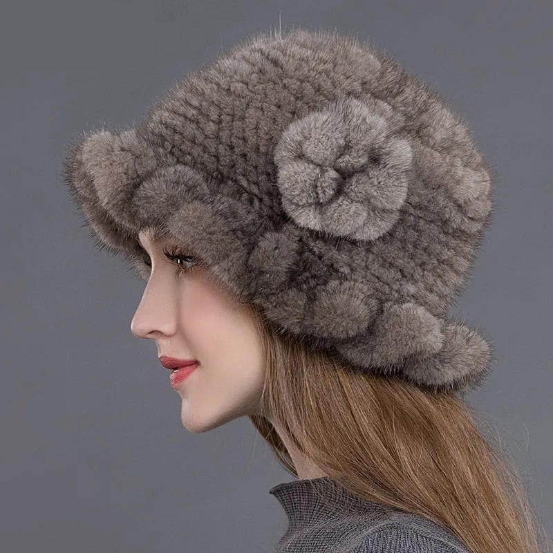 Women's Winter Casual Natural Mink Fur Floral Knitted Fedoras Hat