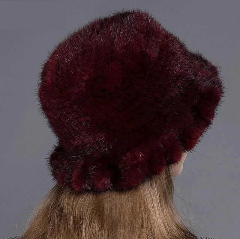 Women's Winter Casual Natural Mink Fur Floral Knitted Fedoras Hat