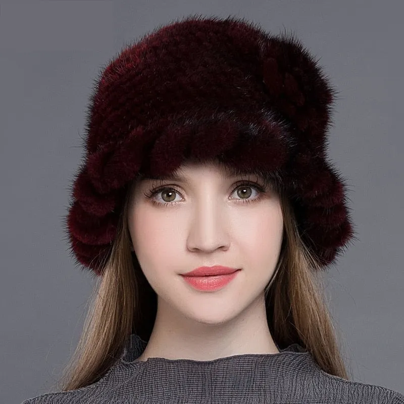 Women's Winter Casual Natural Mink Fur Floral Knitted Fedoras Hat