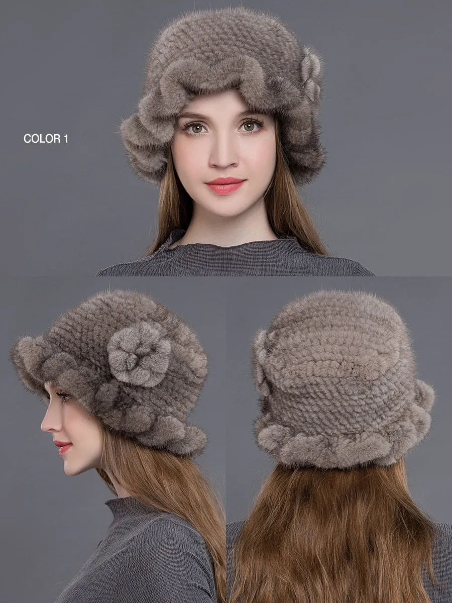 Women's Winter Casual Natural Mink Fur Floral Knitted Fedoras Hat