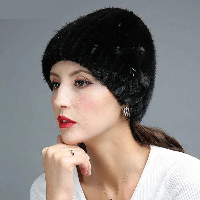 Women's Winter Flowers Decorate Genuine Mink Fur Knitted Beanie Caps