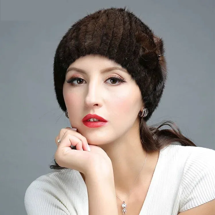 Women's Winter Flowers Decorate Genuine Mink Fur Knitted Beanie Caps