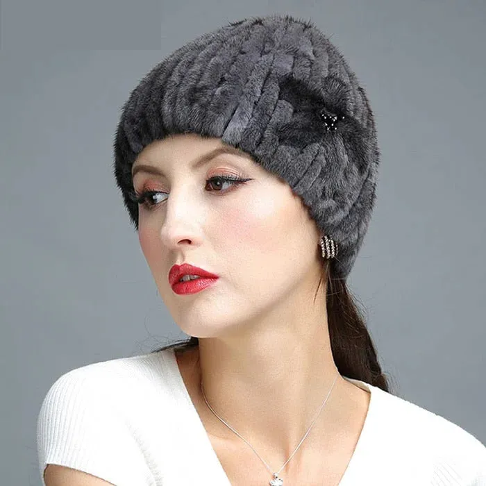 Women's Winter Flowers Decorate Genuine Mink Fur Knitted Beanie Caps