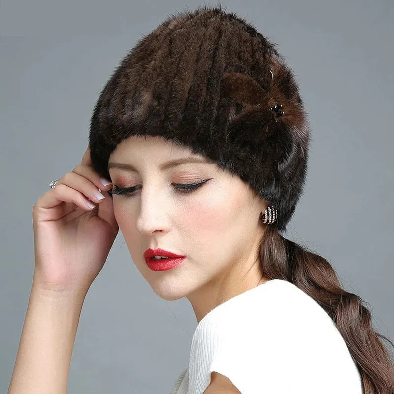 Women's Winter Flowers Decorate Genuine Mink Fur Knitted Beanie Caps