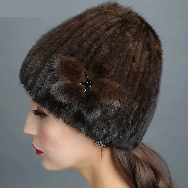 Women's Winter Flowers Decorate Genuine Mink Fur Knitted Beanie Caps