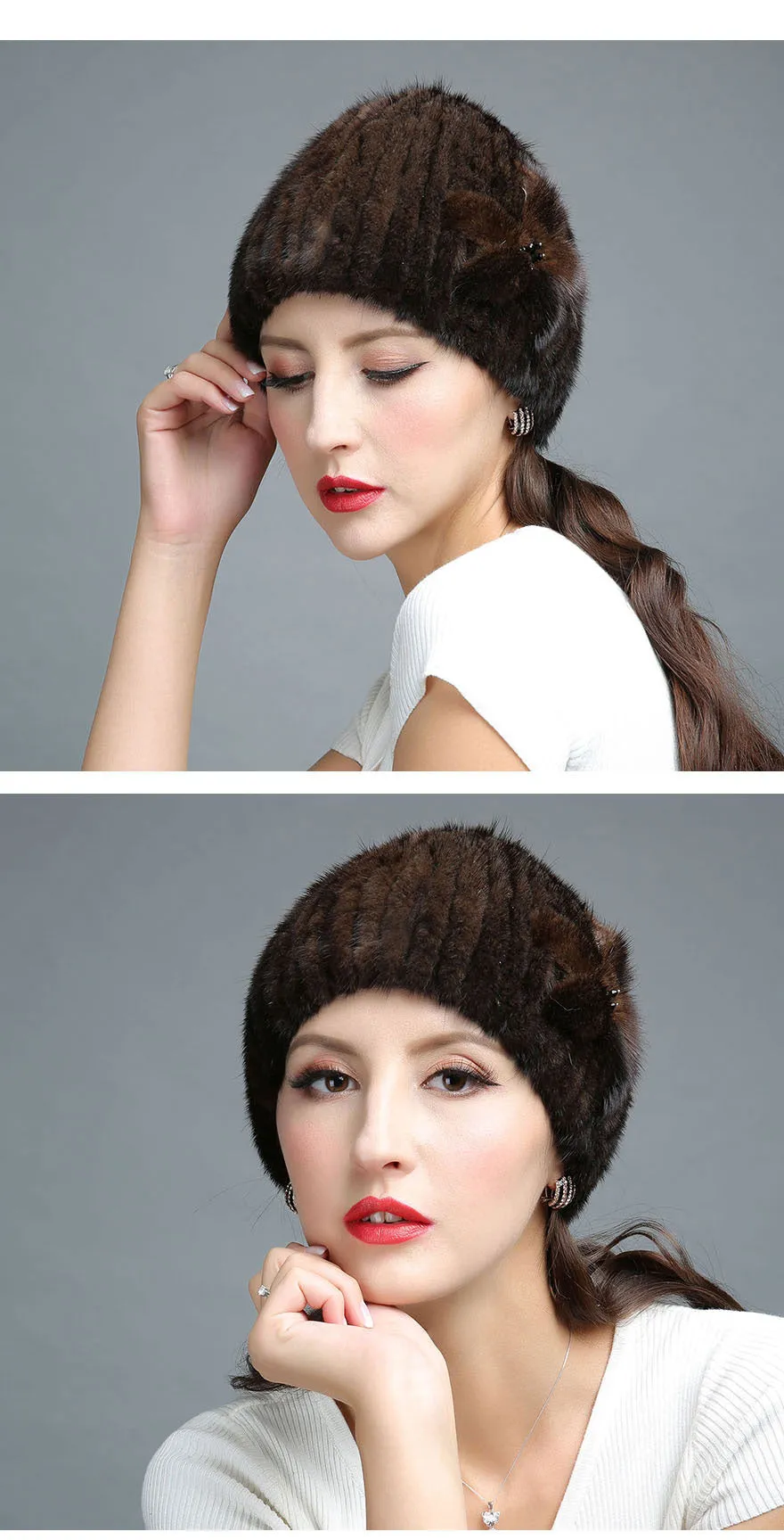 Women's Winter Flowers Decorate Genuine Mink Fur Knitted Beanie Caps