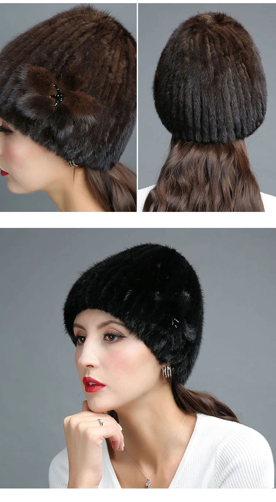 Women's Winter Flowers Decorate Genuine Mink Fur Knitted Beanie Caps