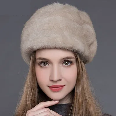 Women's Winter Thick Warm Whole Mink Fur Handmade Beanies Hat