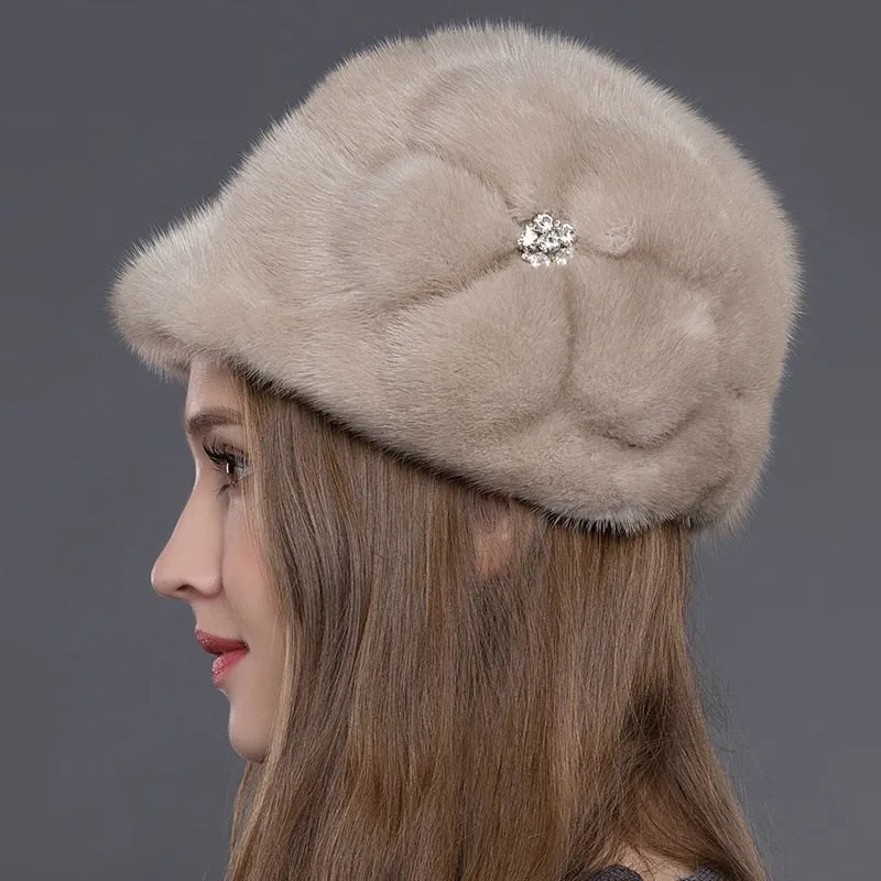 Women's Winter Thick Warm Whole Mink Fur Handmade Beanies Hat