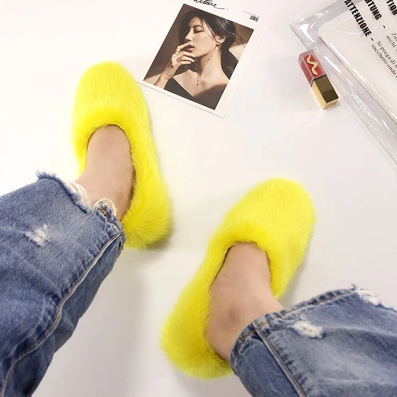 Women's Yellow Designer Warm Winter Fashion Fur Flat House Slippers