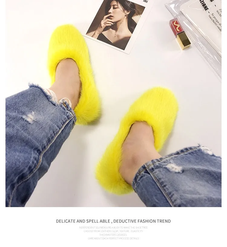 Women's Yellow Designer Warm Winter Fashion Fur Flat House Slippers