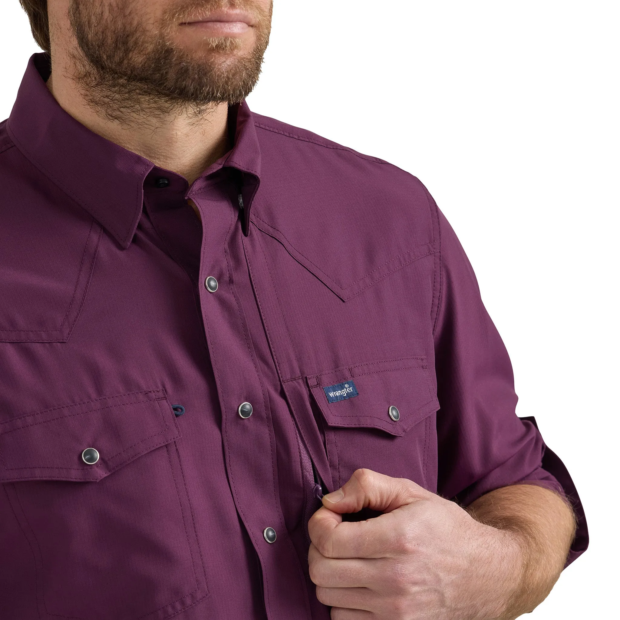 Wrangler Men's Performance Snap Long Sleeve Solid Shirt in Plum